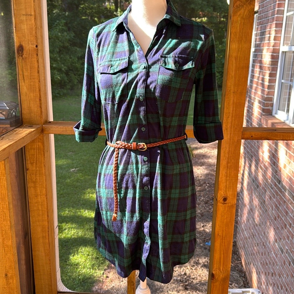 It Girl Green and Blue Plaid Shirt Dress with Belt